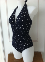 Blauw/wit gestippeld halter badpak met drapperie